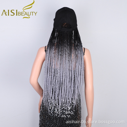 Aisi Beauty Hot Selling Easy Wearing Long Ombre Grey Dark Root Machine Made Baseball Hat With Crochet Twist Braiding Hair